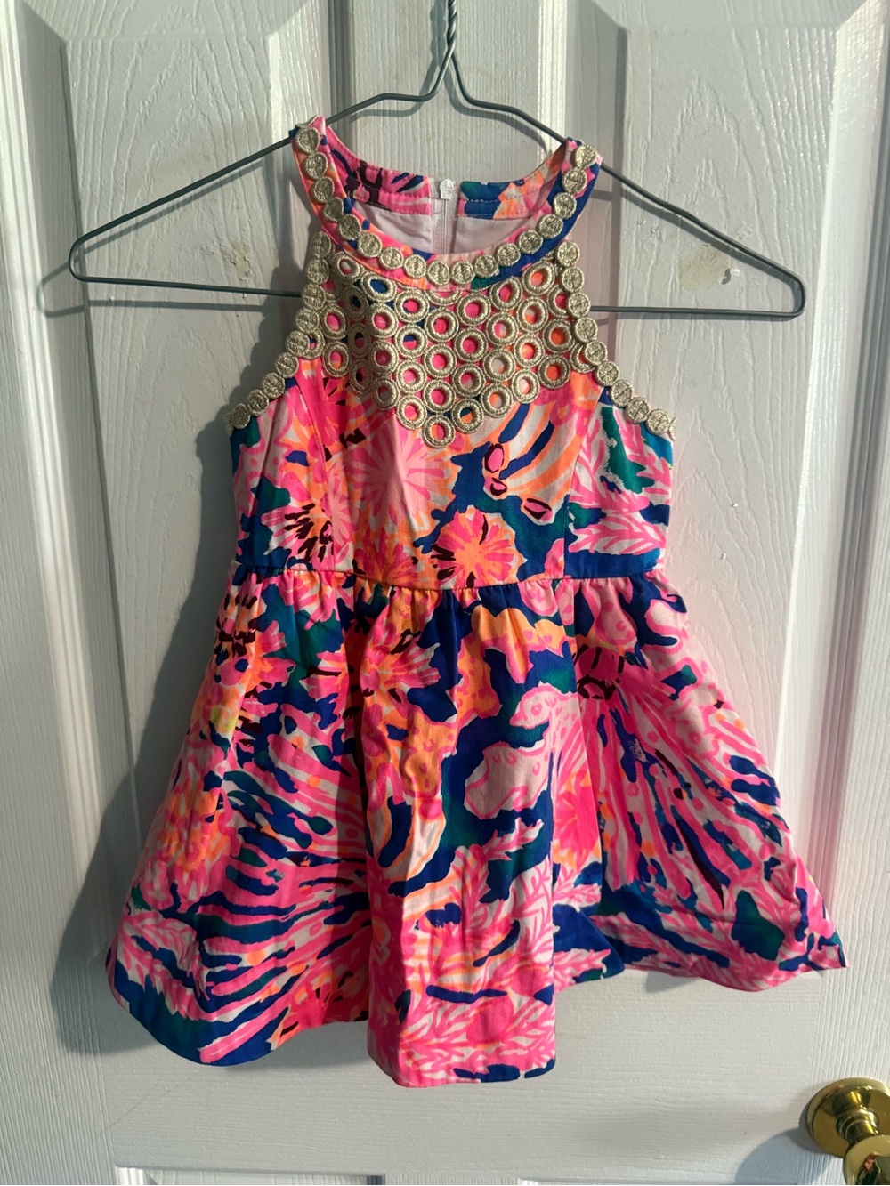 Lilly Pulitzer Girls Floral Dress in Pink, Blue & Gold